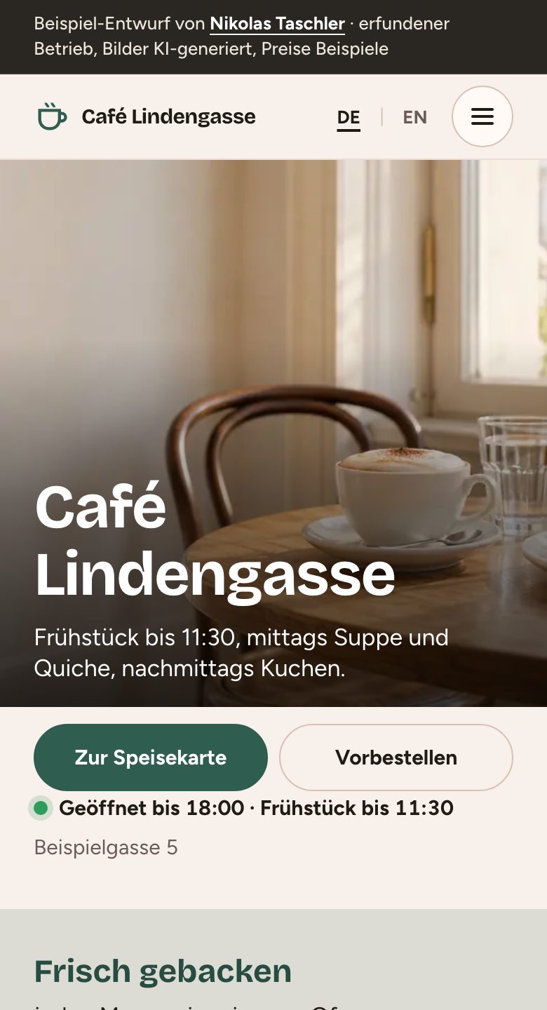 Beispielseite eines Cafés am Handy