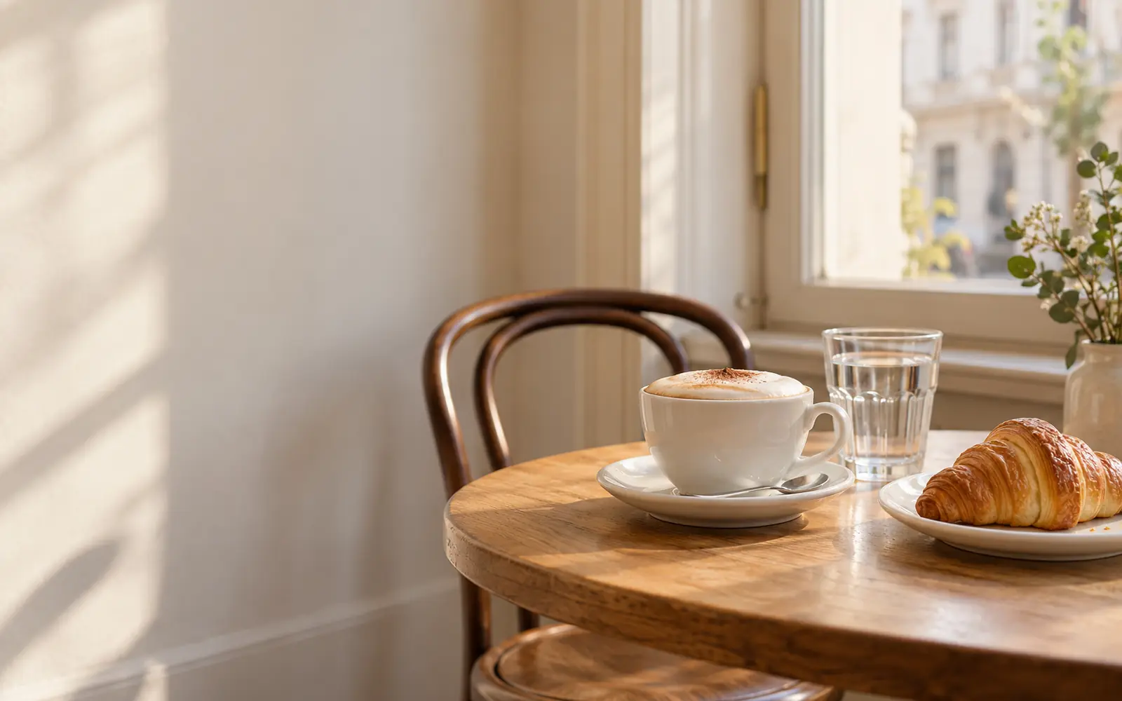 Melange, Wasser und Croissant am hohen Fenster