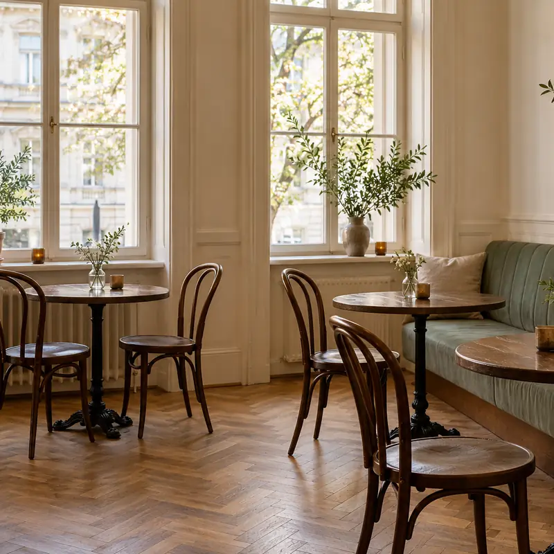 Altbau-Café mit hohen Fenstern