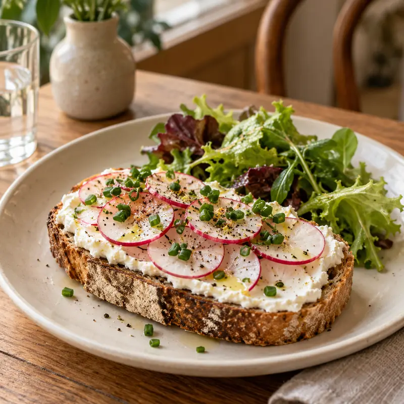 Sauerteigbrot mit Topfen, Radieschen und Schnittlauch