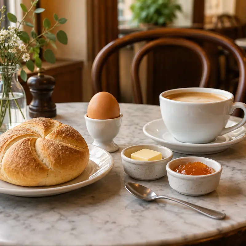 Semmel, Ei, Butter, Marmelade und Milchkaffee
