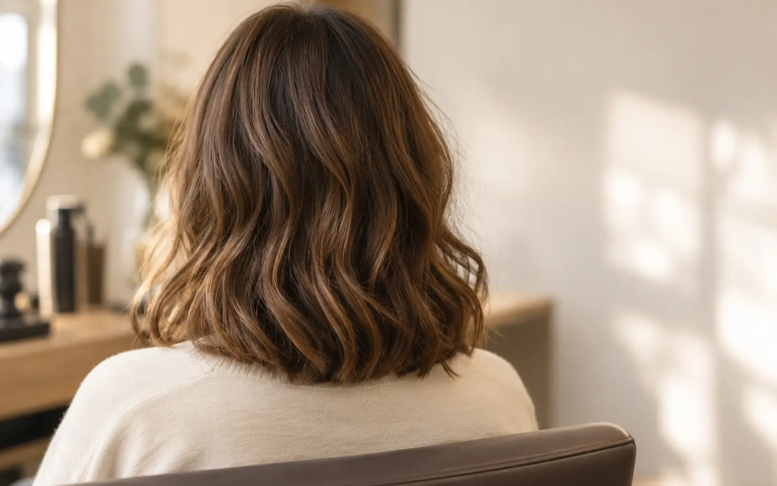 Weiche, gewellte kastanienbraune Haare von hinten