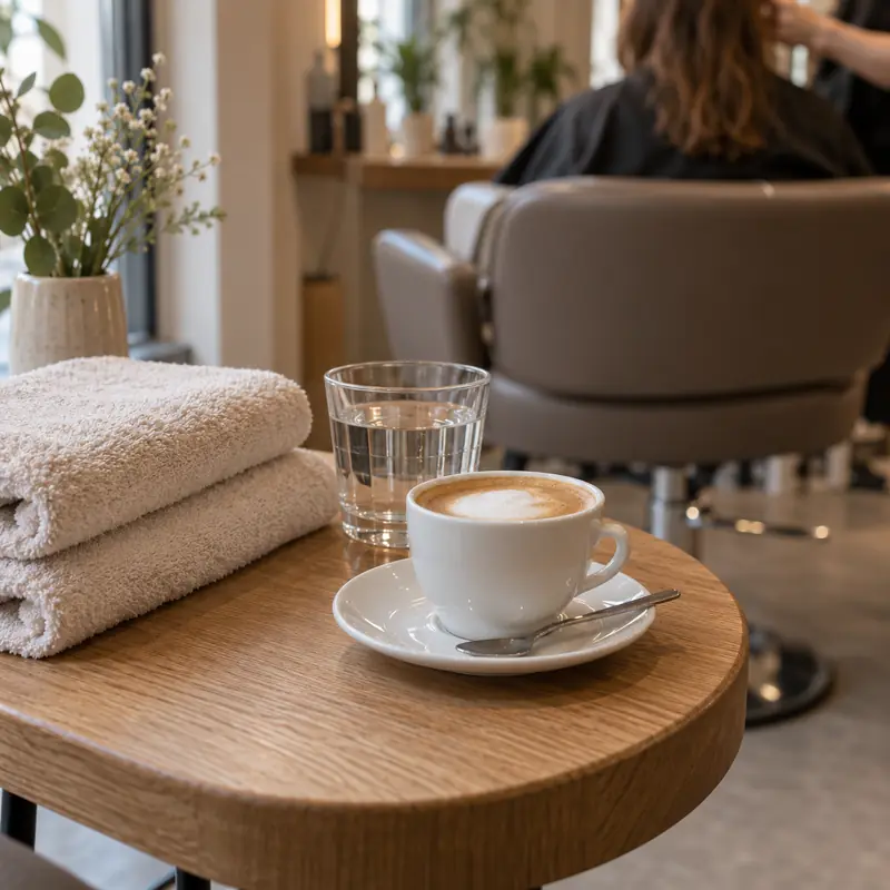Kaffee, Wasser und Handtücher auf einem Beistelltisch