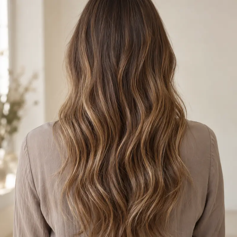 Lange Wellen mit Balayage in Honigtönen